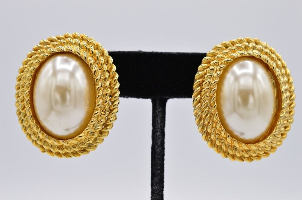Vintage Clip On Pearl Earrings Large Chunky Gold Oval Retro Bold 1980s 80s BinAA